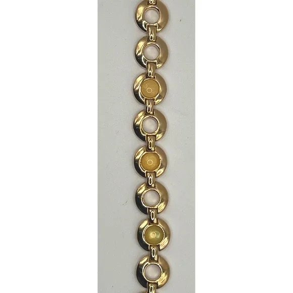 Gold Tone Circle Link Bracelet‎ With Light Yellow Cabochon Inlay 7.5” - Picture 6 of 8